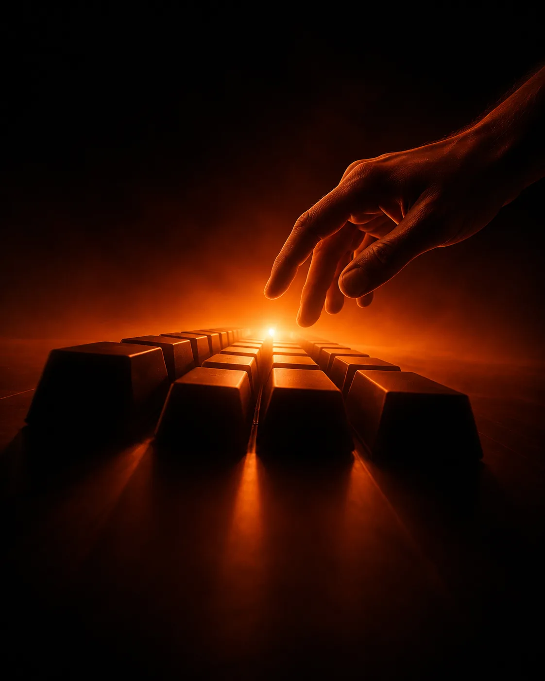 Hand boven een verlicht toetsenbord in het donker